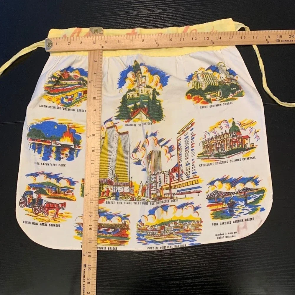 Vintage Delac Montreal Hand Printed Souvenir Apron Cotton Mid Century Novelty